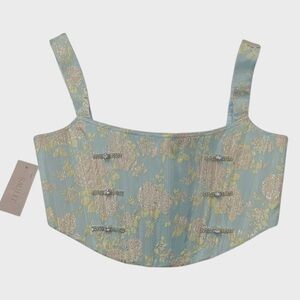 Sau Lee NWT Blue Floral Brocade Crystal Embellished Crop Corset Top Size 2